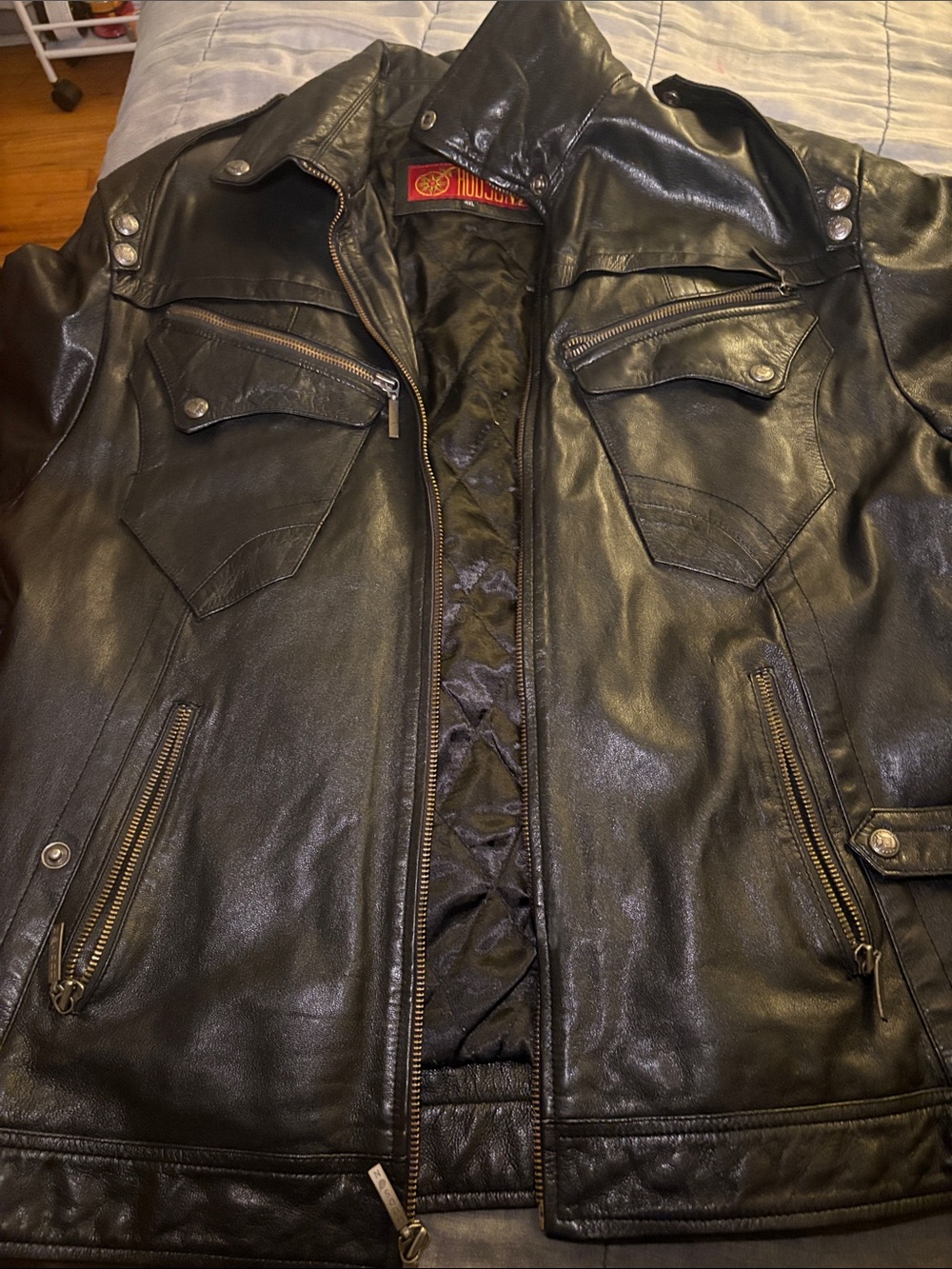 Men's Black Leather Bomber Jacket with Zip Pockets